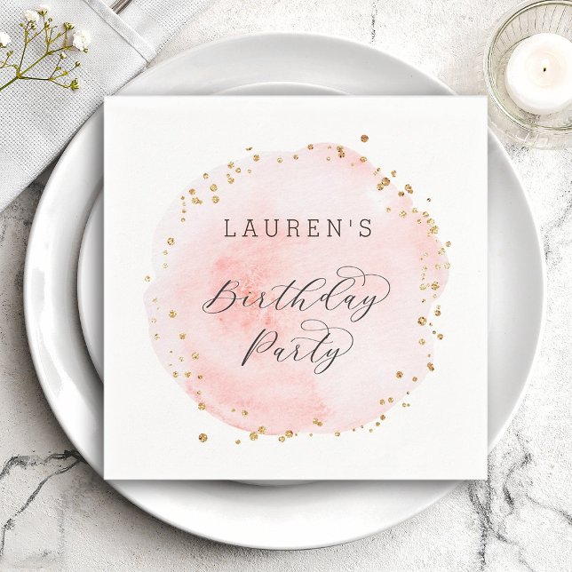 Blush Pink and Gold Watercolor Birthday Party Napkin (Creator Uploaded)