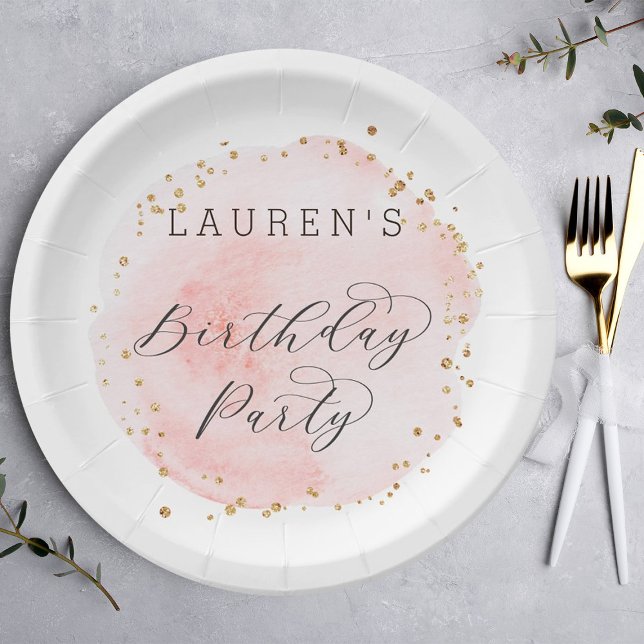 Blush Pink and Gold Watercolor Birthday Party Paper Plate (Creator Uploaded)