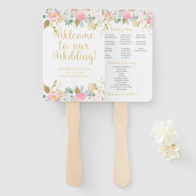 Blush Pink and Gold Watercolor Floral Program Fans (Front and Back)