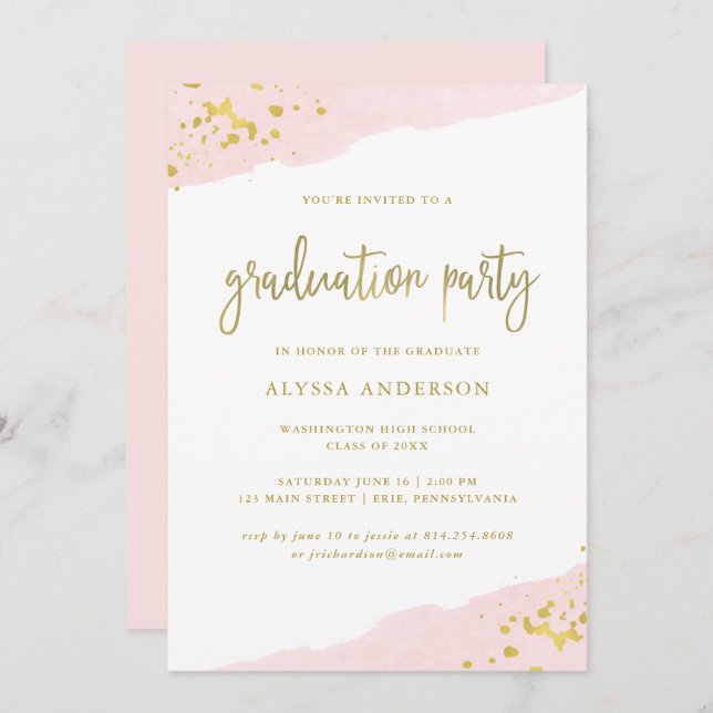 Blush Pink and Gold | Watercolor Graduation Party Invitation (Front/Back)