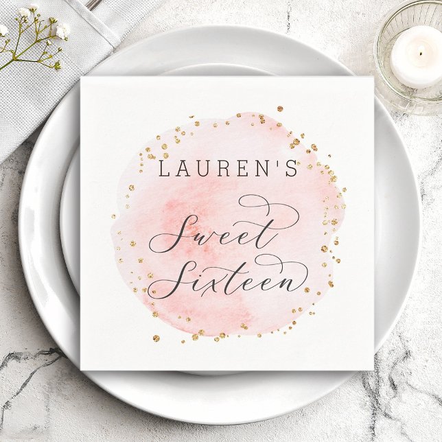 Blush Pink and Gold Watercolor Sweet Sixteen Napkin (Creator Uploaded)