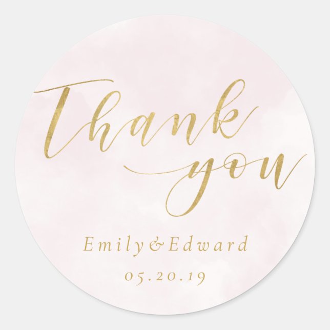 Blush Pink and Gold Wedding Favour Thank You Classic Round Sticker (Front)