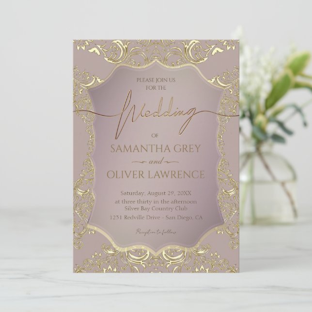 Blush Pink and Gold Wedding Invitation (Standing Front)