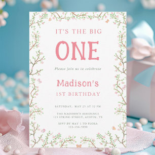 Blush Pink and Green Blossom Frame 1st Birthday  Invitation