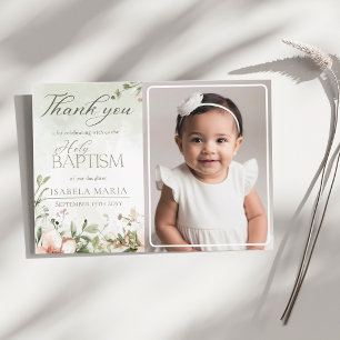 Blush pink and green flowers baptism photo thank you card