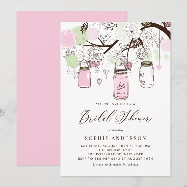 Blush Pink and Green Mason Jars Bridal Shower Invitation (Front/Back)