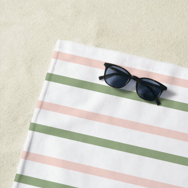 Blush Pink and Green Thin Stripes Beach Towel (In Situ)