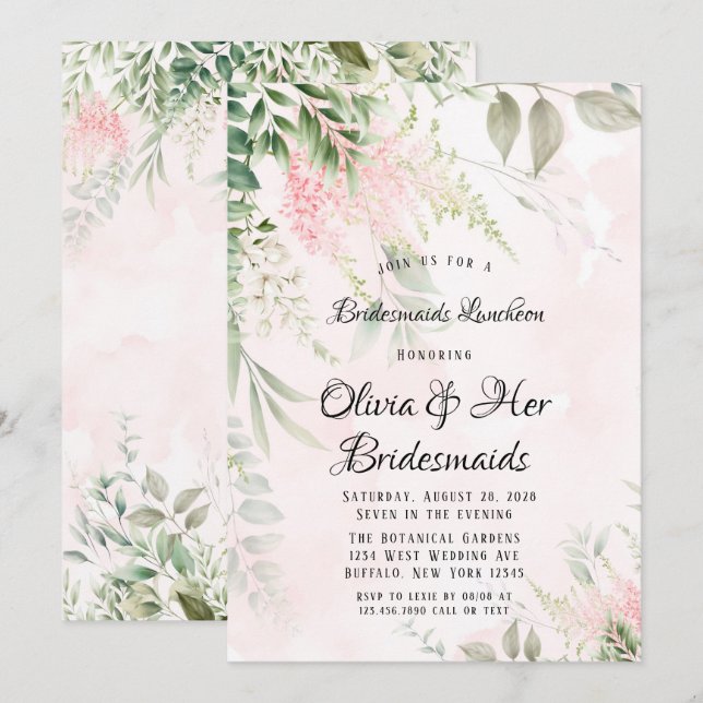 Blush Pink and Greenery Leaves Bridesmaids Lunch Invitation (Front/Back)