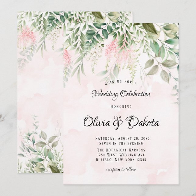 Blush Pink and Greenery Leaves Chic Wedding Invitation (Front/Back)