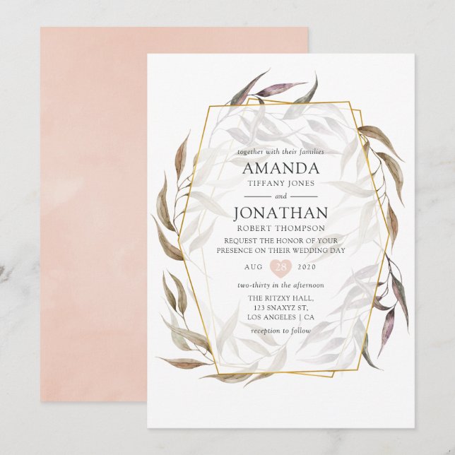 Blush Pink and Greenery Pastel Geometric Wedding Invitation (Front/Back)