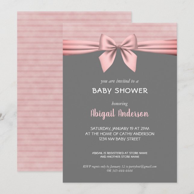 Blush Pink and Grey Bow Baby Shower Invitation (Front/Back)