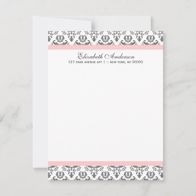 Blush Pink and Grey Damask Flat Thank You Notes Invitation (Front)