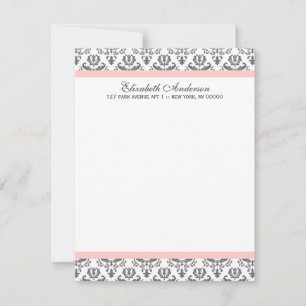 Blush Pink and Grey Damask Flat Thank You Notes Invitation