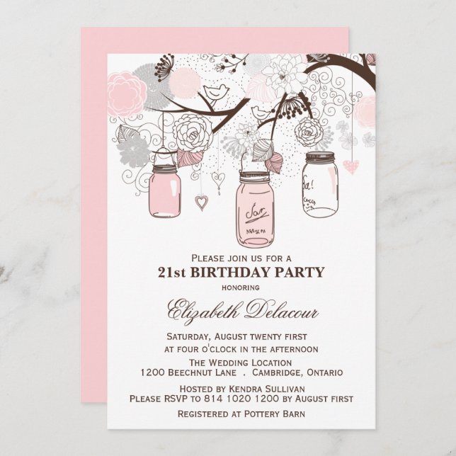 Blush Pink and Grey Mason Jars Birthday Invitation (Front/Back)