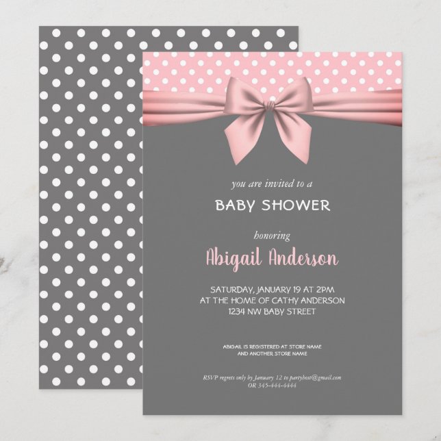 Blush Pink and Grey Polka Dot Bow Baby Shower Invitation (Front/Back)