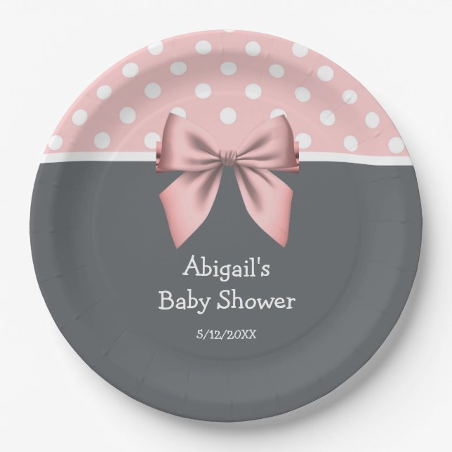 Blush Pink and Grey Polka Dots Baby Shower Paper Plate (Front)