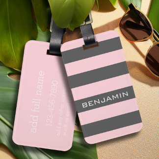 Blush Pink and Grey Rugby Stripes with Custom Name Luggage Tag