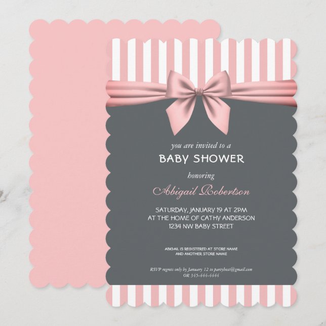 Blush Pink and Grey Stripes Bow Baby Shower Invita Invitation (Front/Back)