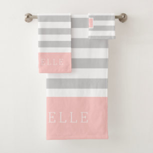 Blush Pink and Grey Stripes Monogrammed Bath Towel Set