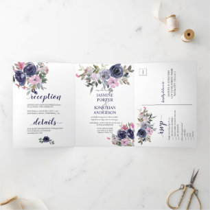 Blush Pink and Indigo Navy Floral Wedding Tri-Fold Invitation