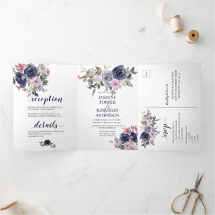 Blush Pink and Indigo Navy Floral Wedding Tri-Fold Invitation