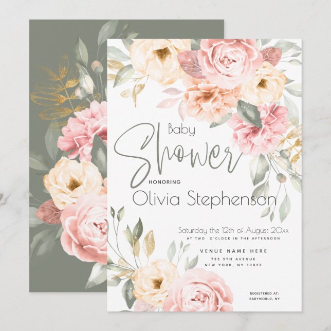 Blush Pink and Ivory Floral Baby Shower Invitation (Front/Back)
