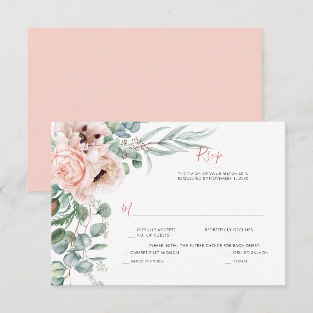 Blush Pink and Ivory Poppies, Eucalyptus, Greenery RSVP Card (Front/Back)