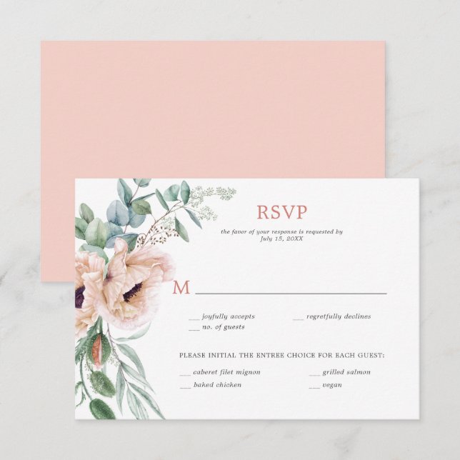 Blush Pink and Ivory Poppies, Eucalyptus, Greenery RSVP Card (Front/Back)