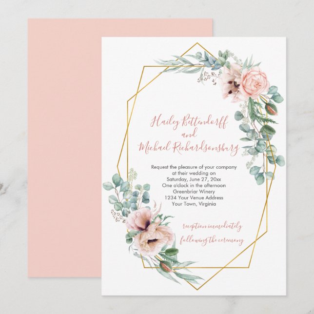 Blush Pink and Ivory Poppies Geometric Frame Invitation (Front/Back)