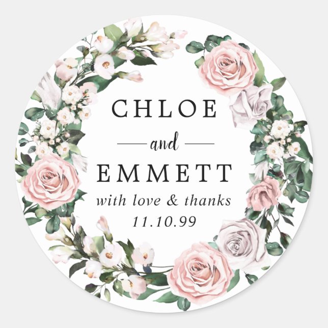 Blush Pink and Lavender Rose Wreath Wedding Favour Classic Round Sticker (Front)