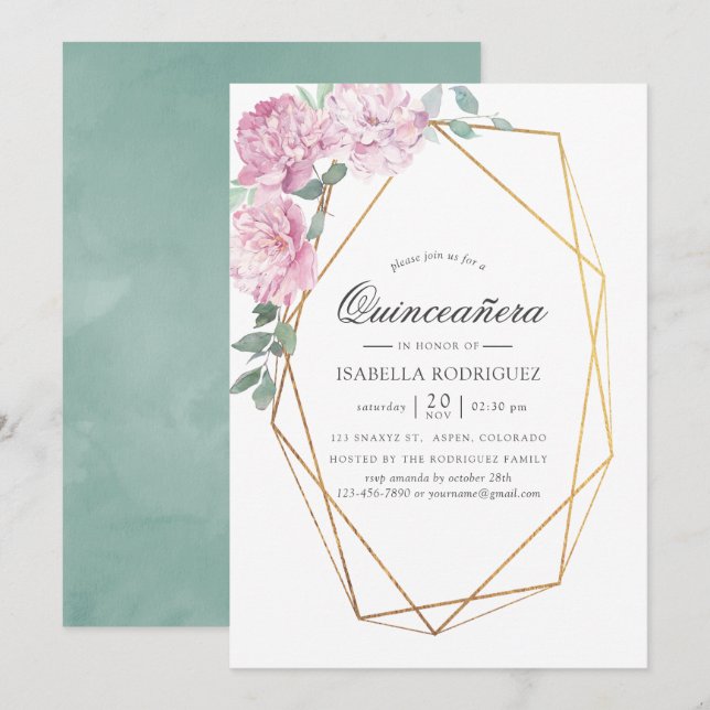 Blush Pink and Mint Geometric Floral Quinceañera Invitation (Front/Back)