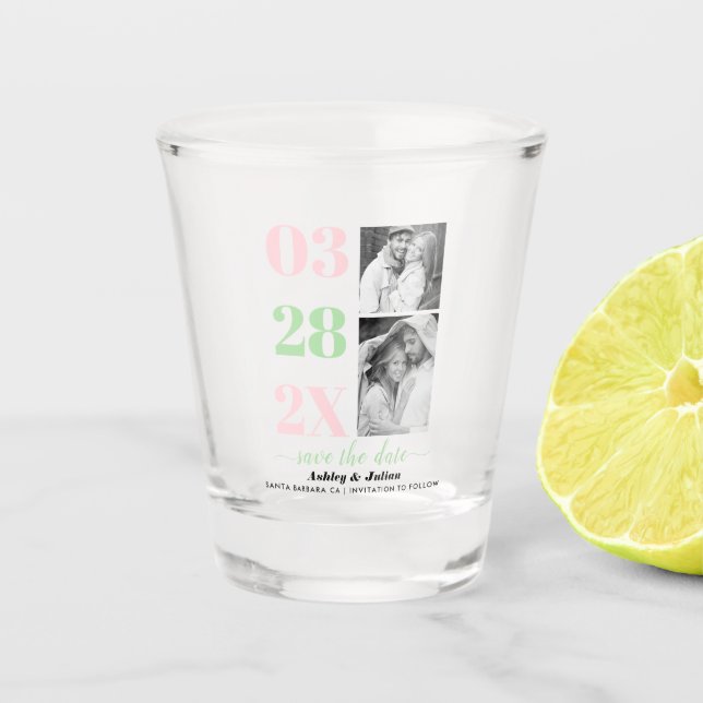 Blush pink and mint green two photo Save the Date Shot Glass (Front)