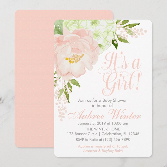 Blush Pink and Mint Spring Floral Girl Baby Shower Invitation (Front/Back)