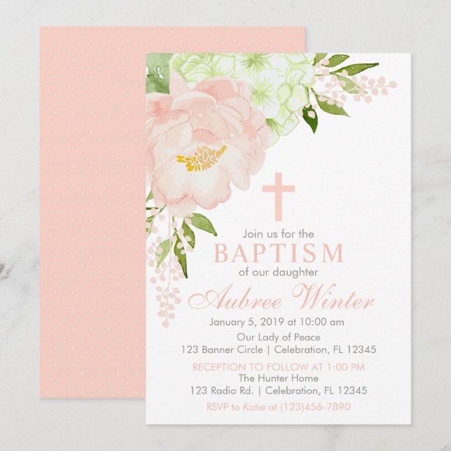 Blush Pink and Mint Spring Floral Girl Baptism Invitation (Front/Back)