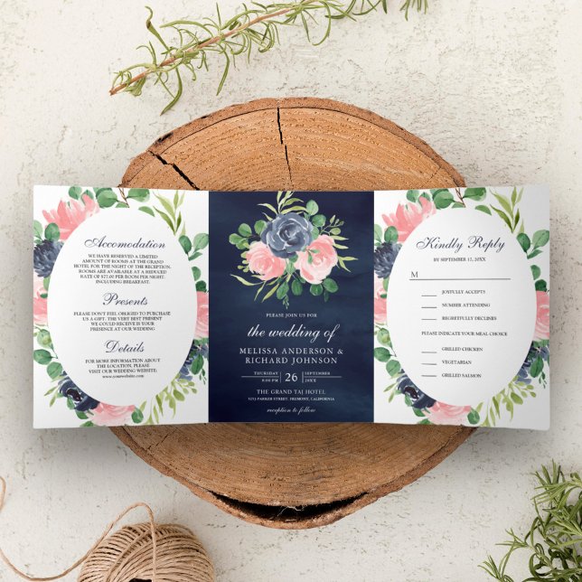 Blush Pink and Navy Blue Floral 3 in 1 Wedding Tri-Fold Invitation (Creator Uploaded)