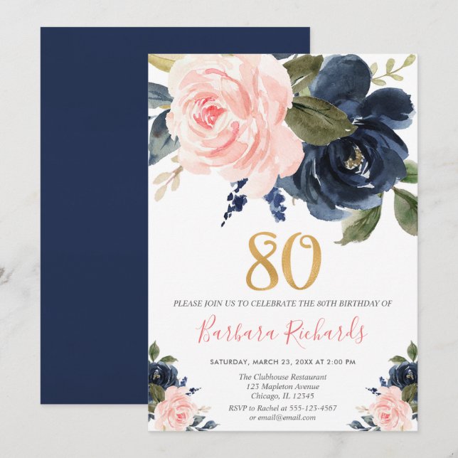 Blush pink and navy blue floral 80th birthday invitation (Front/Back)
