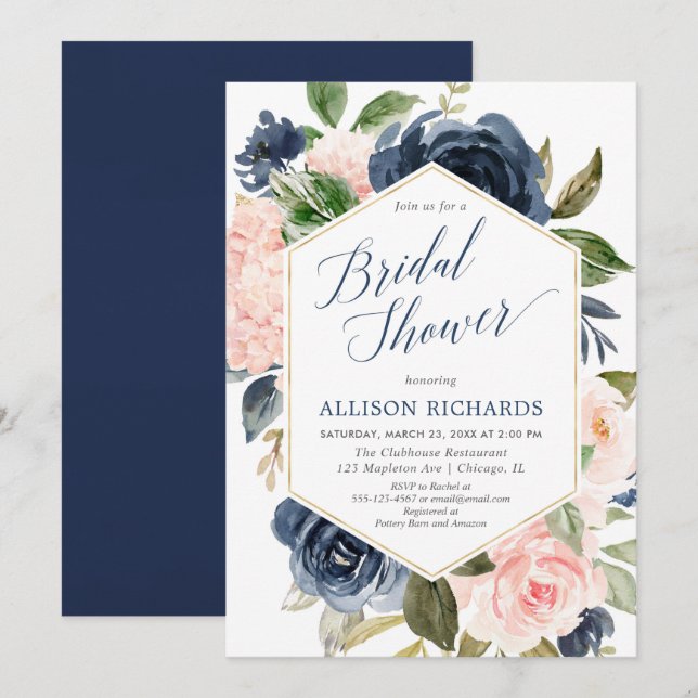 Blush pink and navy blue floral bridal shower invitation (Front/Back)