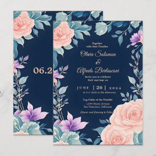 Blush pink and Navy Blue floral elegant modern Invitation