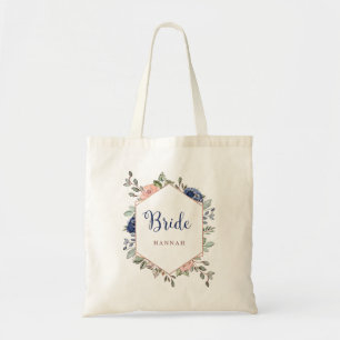 Blush Pink and Navy Blue Floral Geometric Bride Tote Bag
