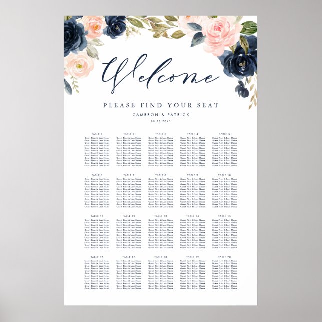 Blush Pink and Navy Blue Floral Wedding Seating Poster (Front)