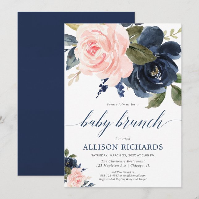 Blush pink and navy blue girl baby brunch shower invitation (Front/Back)