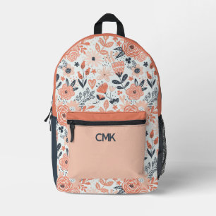 Blush Pink and Navy Blue Modern Floral Monogram Printed Backpack