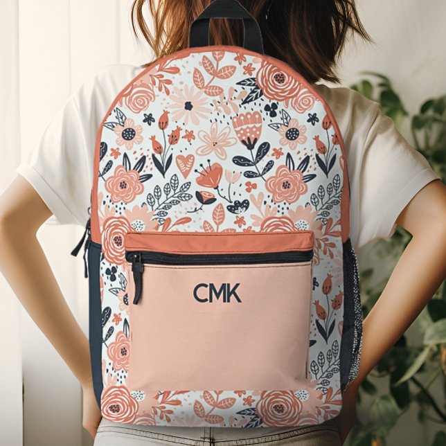 Blush Pink and Navy Blue Modern Floral Monogram Printed Backpack (Creator Uploaded)