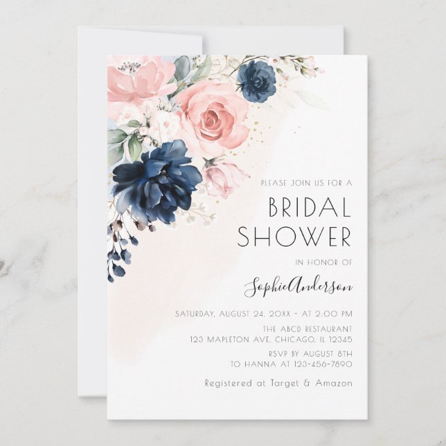 Blush Pink And Navy Blue Rose Boho Bridal Shower Invitation (Front)