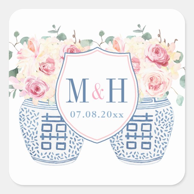 Blush Pink and Navy Chinoiserie Roses Wedding Logo Square Sticker (Front)