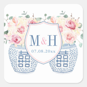 Blush Pink and Navy Chinoiserie Roses Wedding Logo Square Sticker