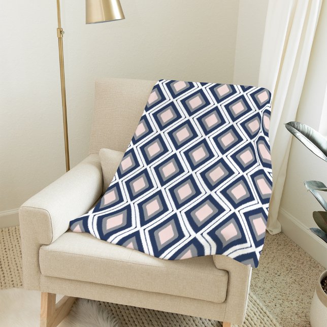 Blush Pink and Navy Diamond Ikat Pattern Fleece Blanket (Creator Uploaded)