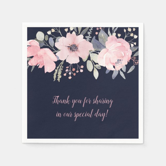 Blush Pink and Navy Floral Square Wedding | Napkin (Front)