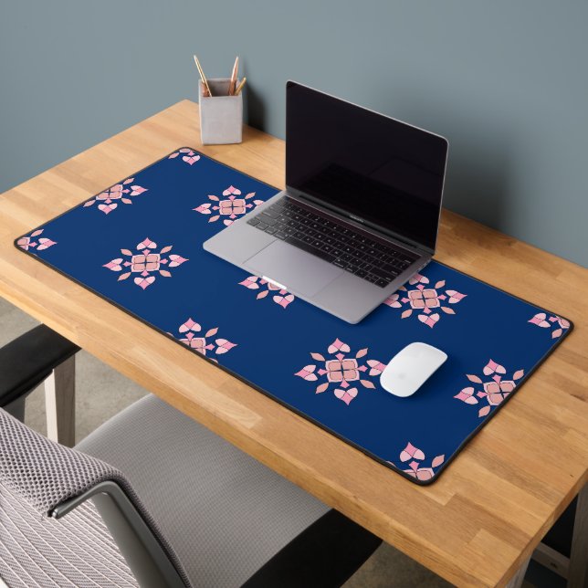 Blush Pink and Navy Geometric Floral Tiles Desk Mat (Office 2)