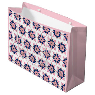 Blush Pink and Navy Geometric Floral Tiles Large Gift Bag